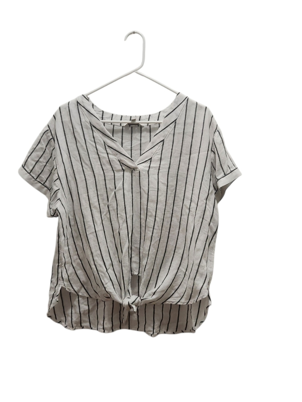 Lucky Brand White and Black Striped Short Sleeve Tie-Front Blouse